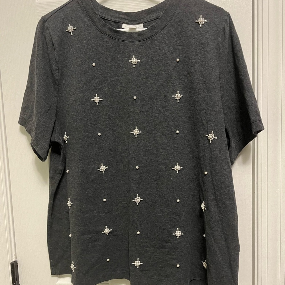 Women’s CHARTER‎ CLUB Dark Gray Bead Embellished Crewneck Short Sleeve Top 2X